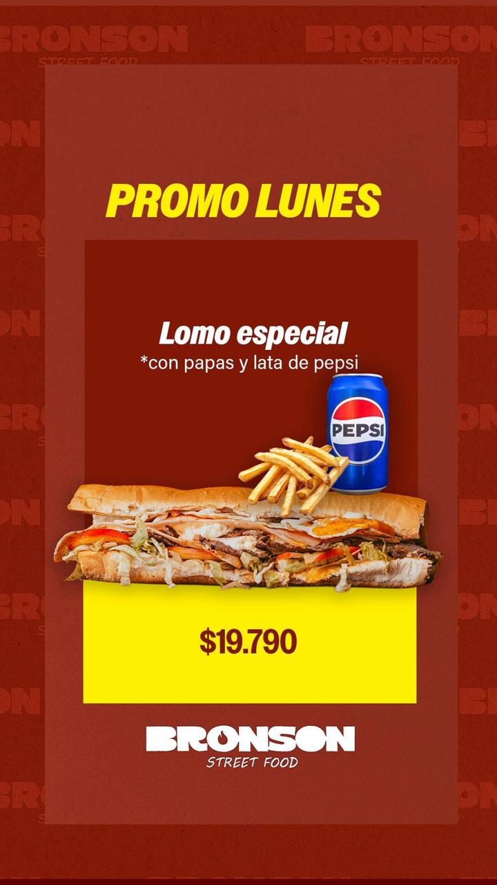 Lomo especial con papas y lata de pepsi, $19.790
