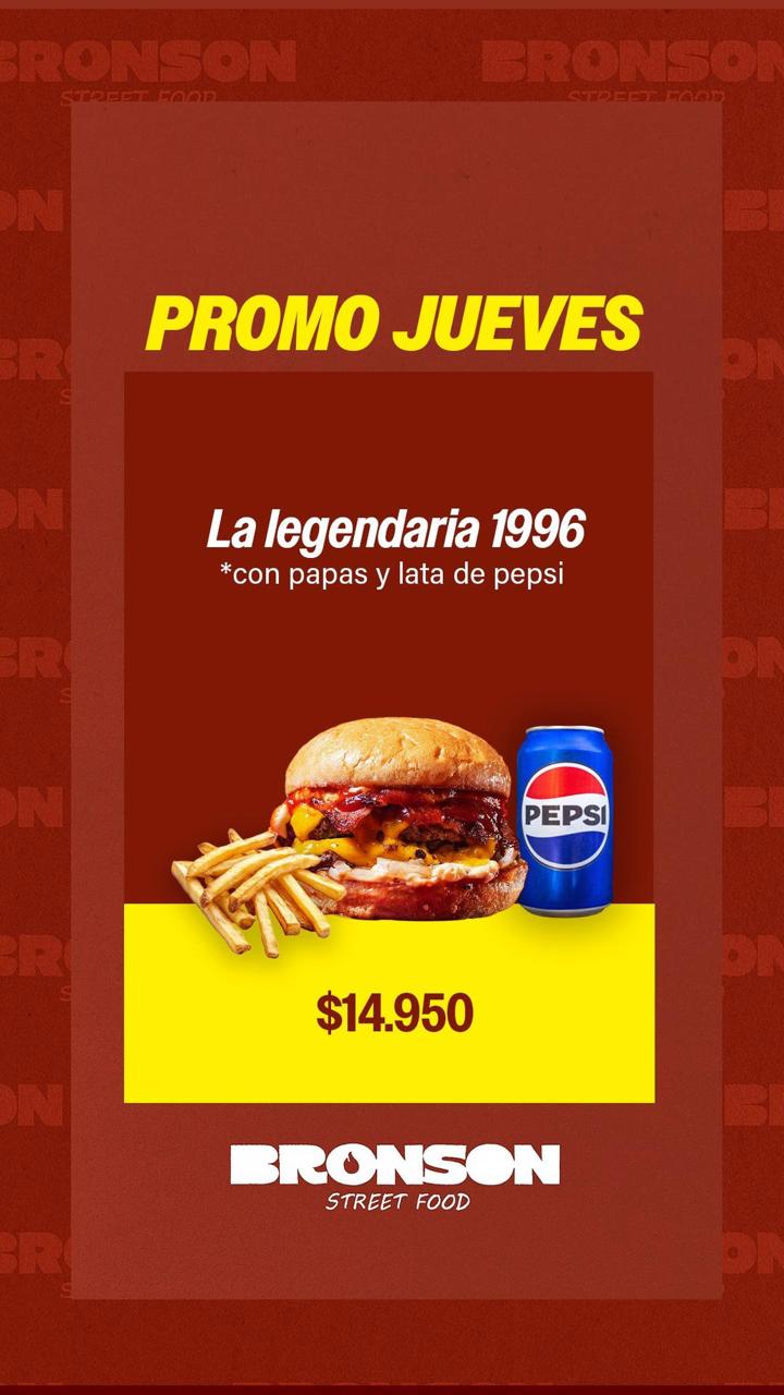 Burger La Legendaria 1996 con papas y lata de Pepsi $14.950